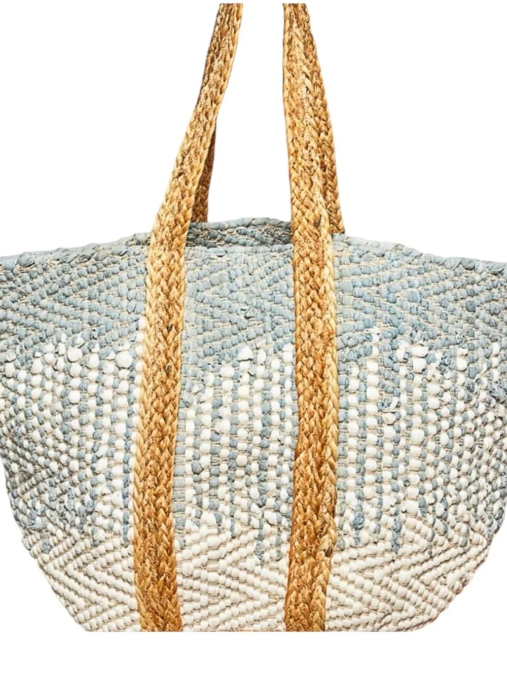 POL Woven Straw Tote Bag in Light Blue and Natural